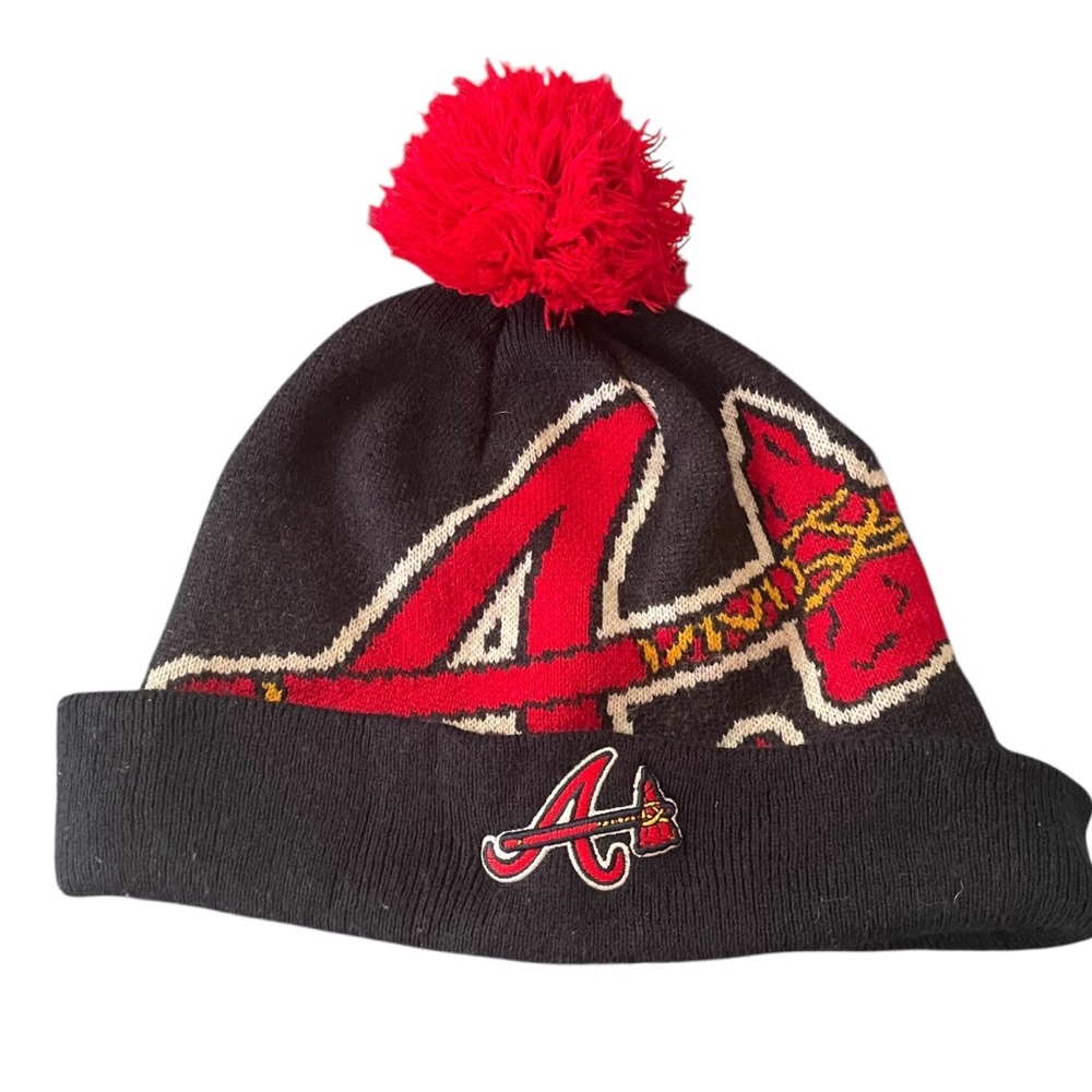 Atlanta Braves Baseball "A" Knit Stocking Pom Pom Navy/Red Beenie Hat Sz Small